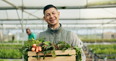 Buy stock photo Farmer, man and vegetables box of agriculture, sustainability and farming in greenhouse or agro business. Portrait of happy seller gardening, green product harvest or healthy food in groceries basket