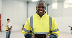 Happy black man, portrait and engineer with tablet for warehouse inspection, inventory or storage. African male person, architect or contractor smile with technology for quality control or management