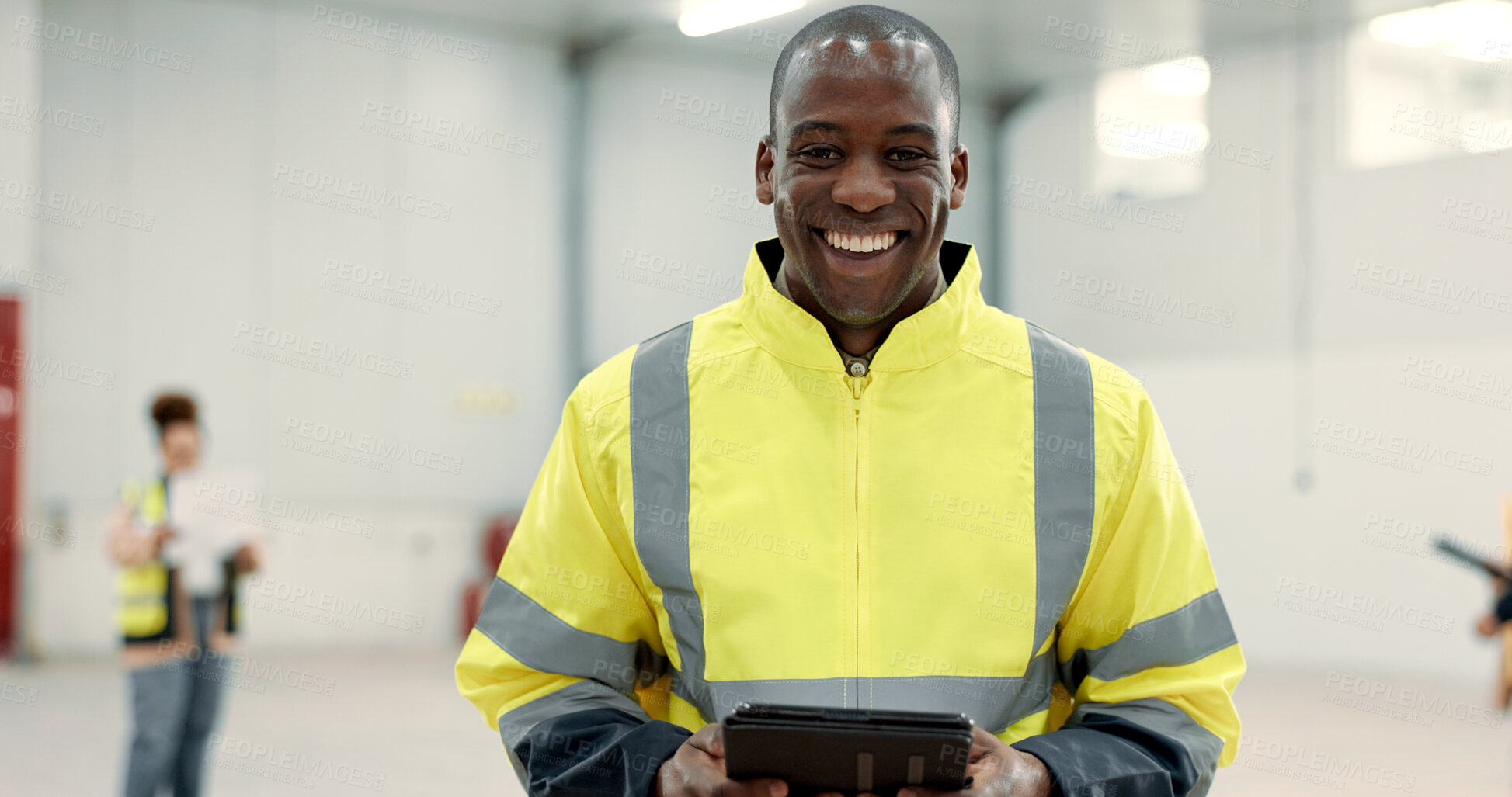 Buy stock photo Happy black man, portrait and engineer with tablet for warehouse inspection, inventory or storage. African male person, architect or contractor smile with technology for quality control or management