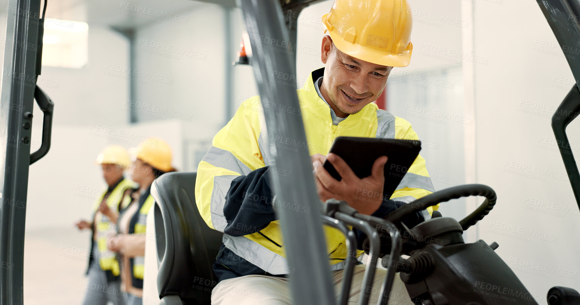 Buy stock photo Construction, tablet and man in forklift vehicle for maintenance, planning and renovation in building. Civil engineering, machine and contractor on digital tech for online design, project and report
