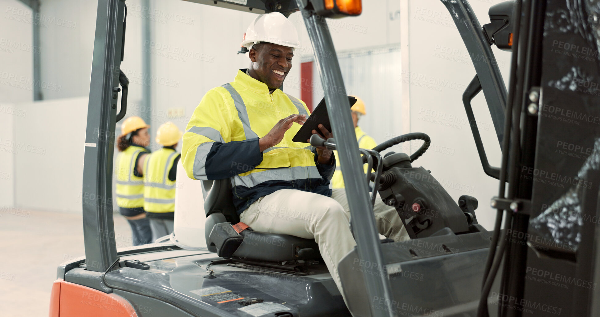 Buy stock photo Construction site, tablet and black man in forklift machine for maintenance, planning and building renovation. Logistics, shipping and contractor on digital tech for online report in warehouse