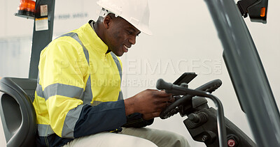 Buy stock photo Construction site, tablet and black man in forklift machine for maintenance, planning and renovation. Engineering, architecture and contractor on digital tech for online design, building and report