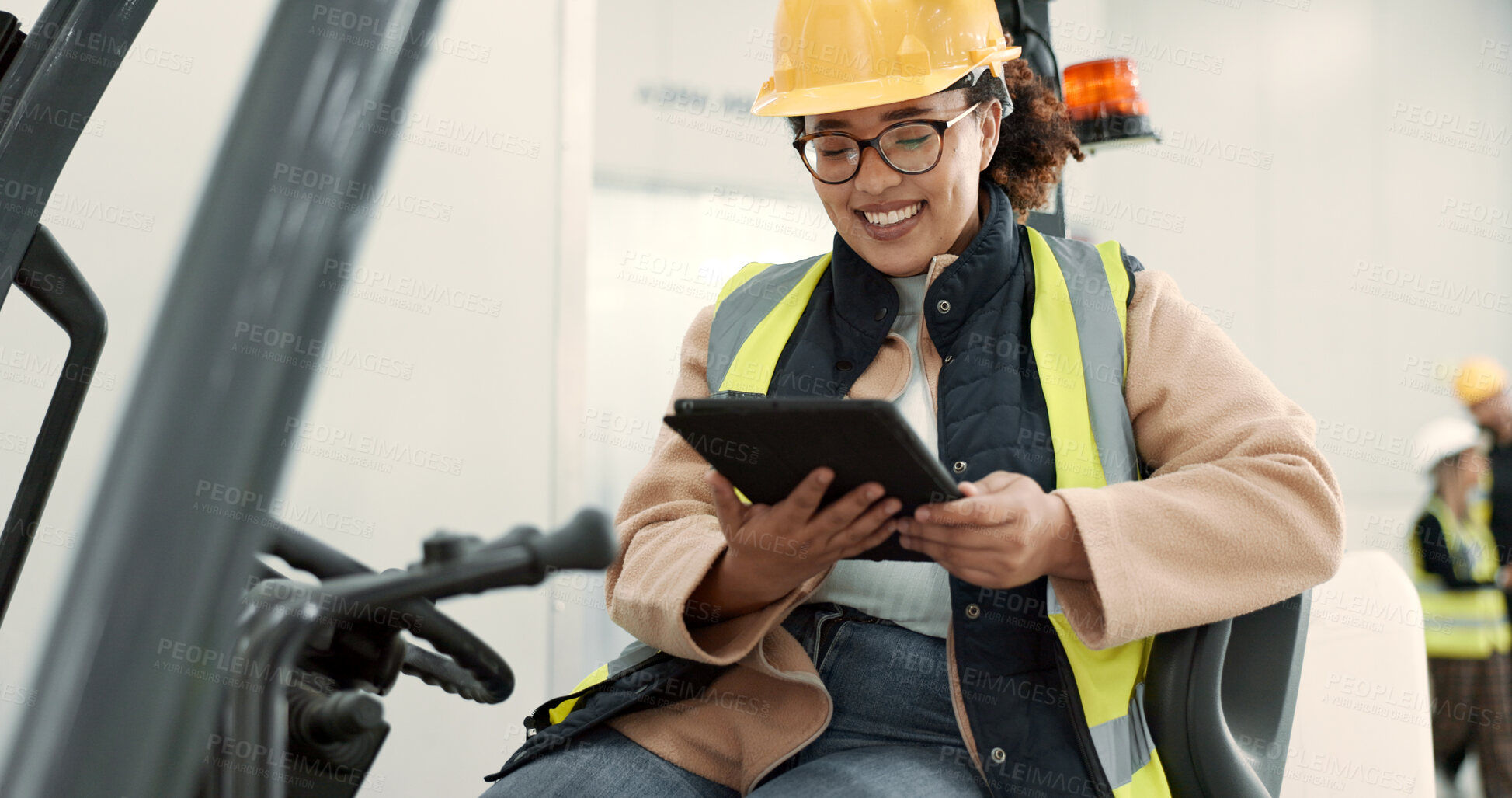 Buy stock photo Construction site, tablet and woman in forklift machine for maintenance, planning and building renovation. Engineering, vehicle and contractor on digital tech for online design, research and report