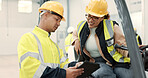 Engineer woman, man and forklift on tablet for logistics, supply chain or ideas on app in warehouse. Employees, helmet and reflective gear for safety at shipping workshop, analysis and transportation
