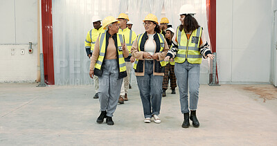 Buy stock photo Engineering group, manager walking and warehouse inspection, teamwork and talking of project management. Industrial people, leader or women with discussion for architecture or construction building