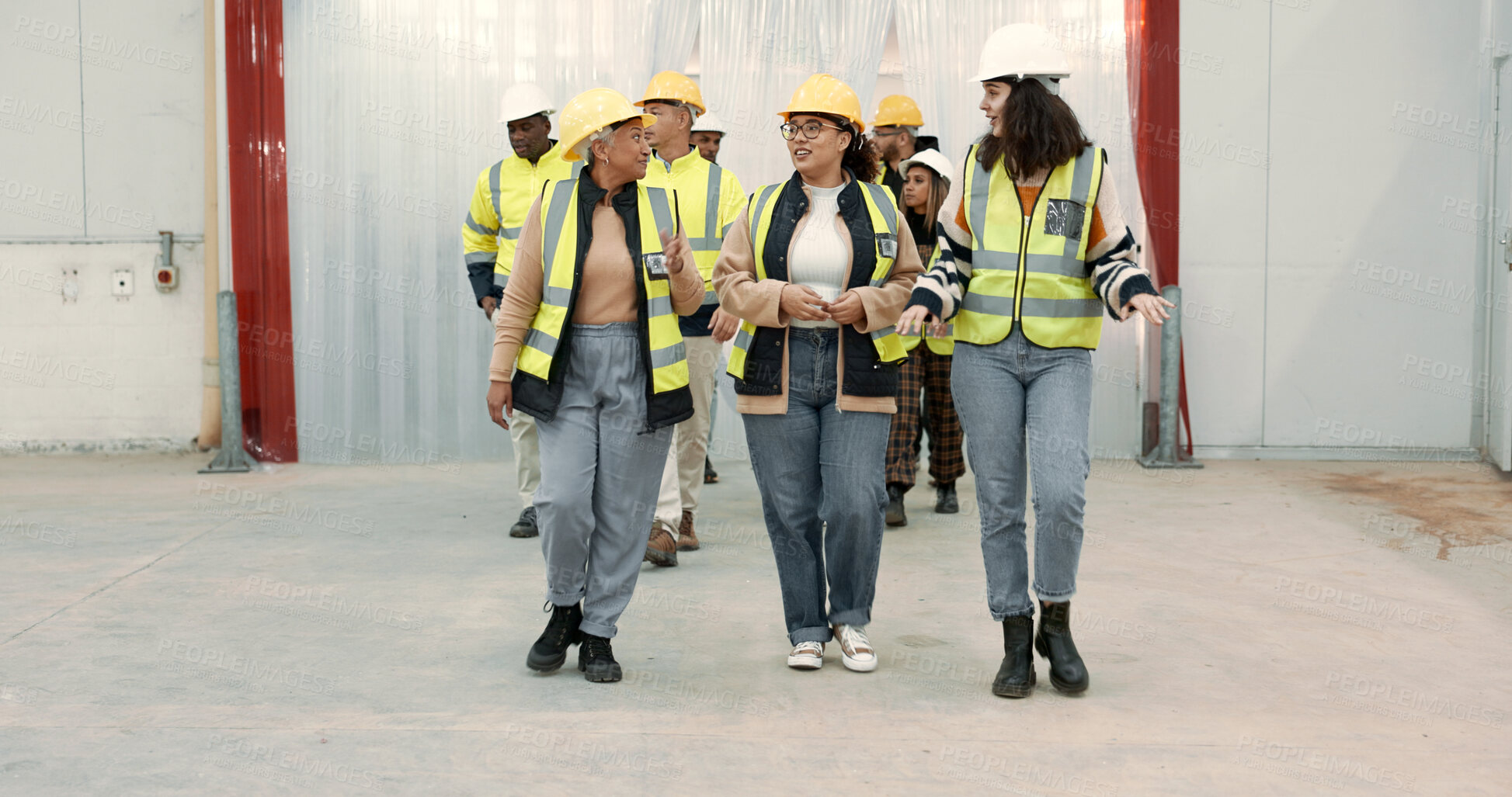 Buy stock photo Engineering group, manager walking and warehouse inspection, teamwork and talking of project management. Industrial people, leader or women with discussion for architecture or construction building