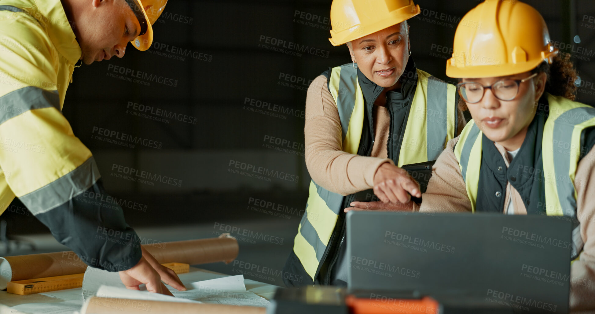 Buy stock photo Architect team, laptop and factory people cooperation on manufacturing design, online engineering or construction. Computer, group and collaboration on warehouse plant, architecture plan or project