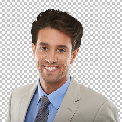 Buy stock photo Portrait, business and man with a smile, employee and confident guy isolated on a transparent background. Face, person and model with happiness, agent and entrepreneur with a suit, png and consultant