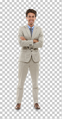 Buy stock photo Portrait, happy and business man with arms crossed, entrepreneur and corporate employee. Smile, confidence and professional consultant or agent working in Spain isolated on transparent png background