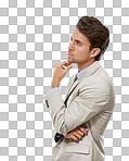 Profile, businessman and thinking of idea isolated on transparent png background with brainstorming solution. Salesman, office worker or man with professional career, planning and problem solving.