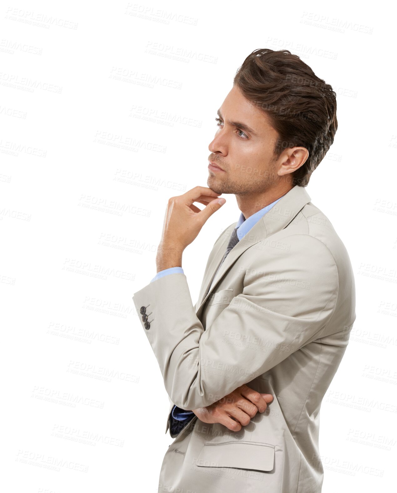 Buy stock photo Profile, businessman and thinking of idea isolated on transparent png background with brainstorming solution. Salesman, worker or man with professional for career, planning and problem solving.