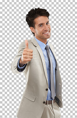 Buy stock photo Businessman, portrait and thumbs up for job, happy and employee on isolated transparent png background. Man, career and person for occupation, positive and corporate for company, face and smile
