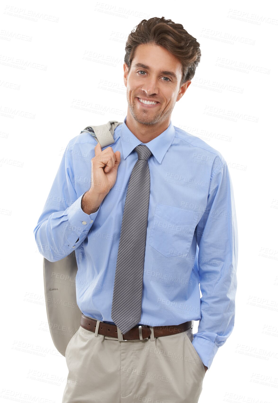 Buy stock photo Portrait, happy and confident business man, entrepreneur and corporate employee. Career, hand in pocket and smile of professional consultant working in Spain isolated on a transparent png background