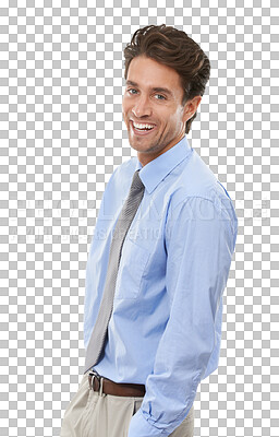 Buy stock photo Smile, portrait and confident business man, entrepreneur and corporate employee laughing. Face, happy professional consultant and funny agent working in Spain isolated on a transparent png background