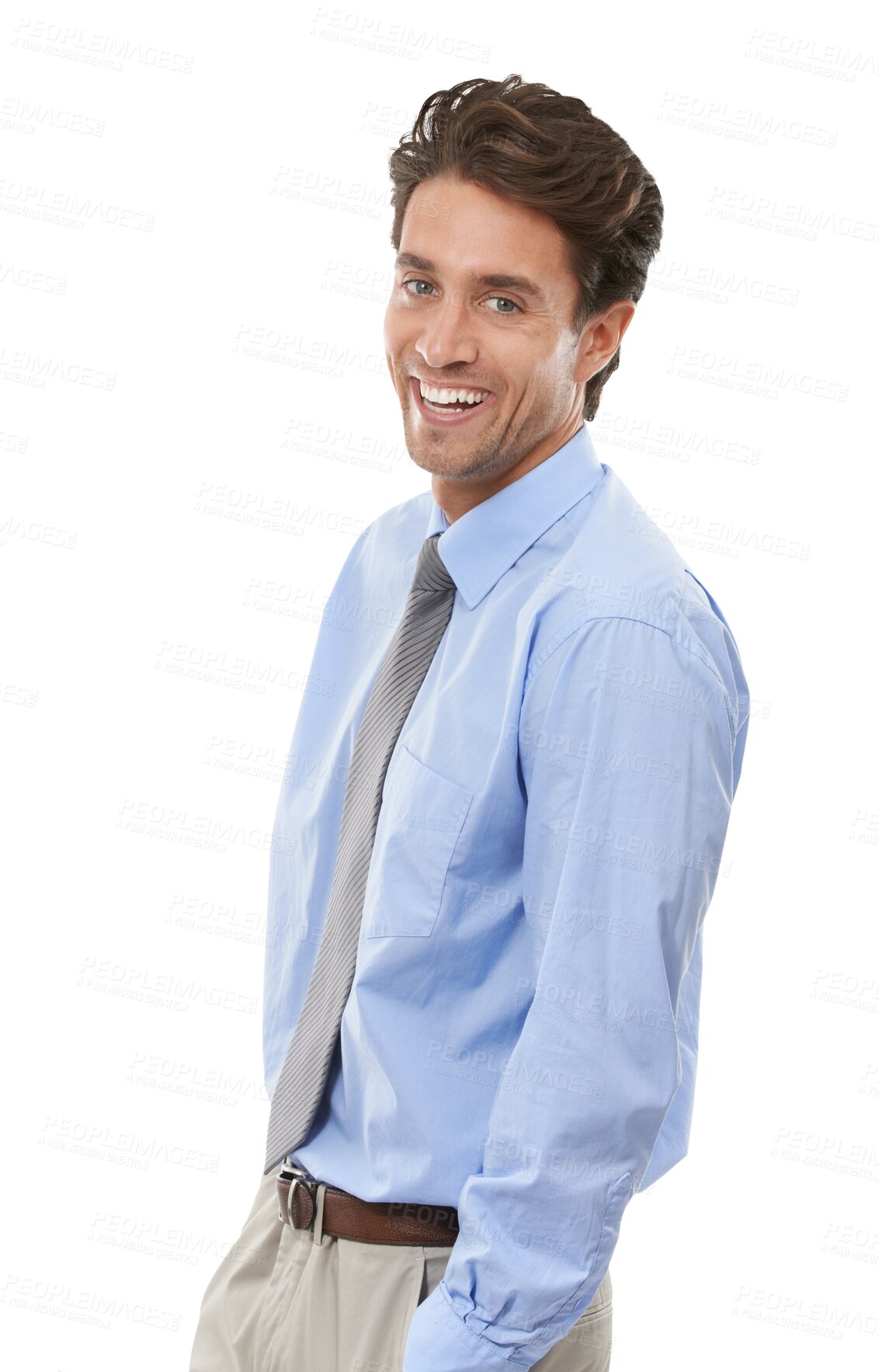 Buy stock photo Smile, portrait and confident business man, entrepreneur and corporate employee laughing. Face, happy professional consultant and funny agent working in Spain isolated on a transparent png background