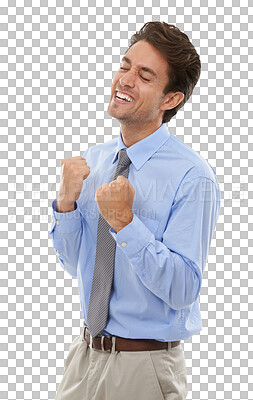 Buy stock photo Happy businessman, fist pump and celebration for winning or bonus isolated on a transparent PNG background. Excited man or employee smile for good news, promotion or business success in achievement