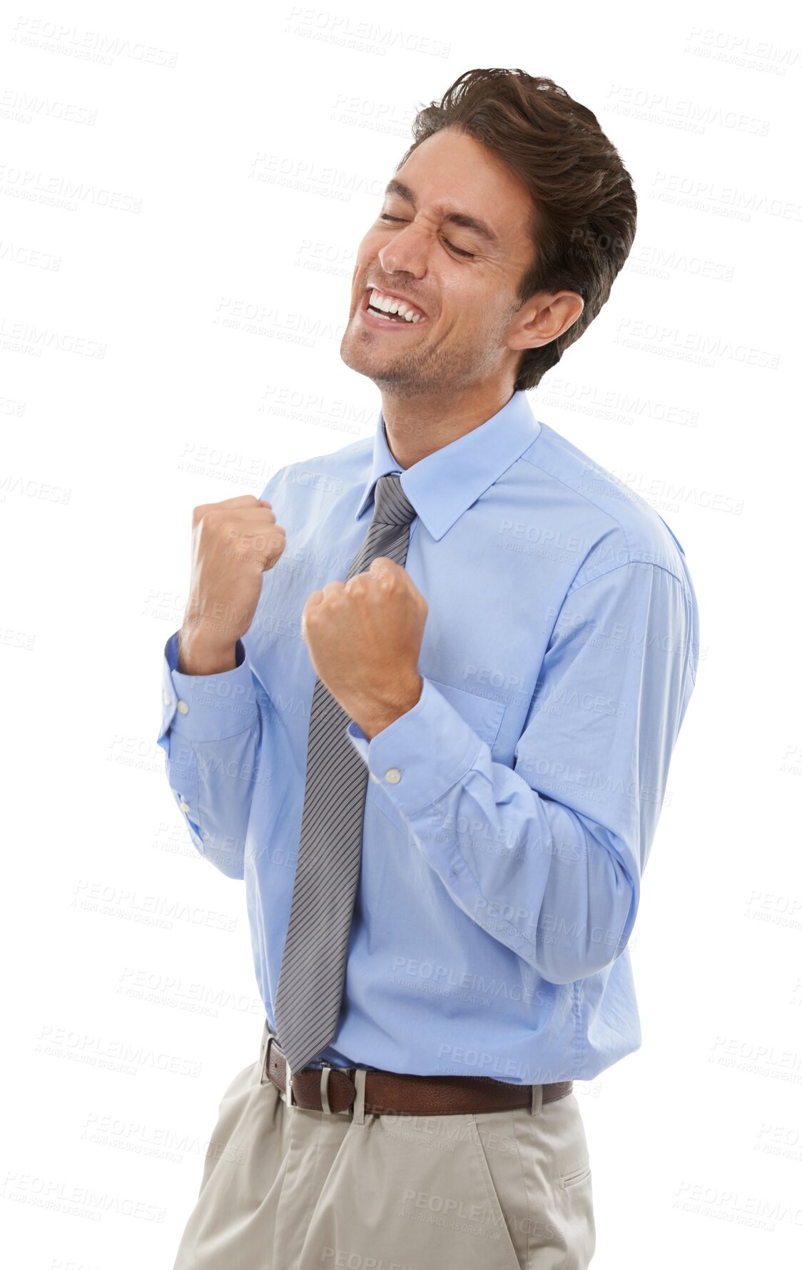 Buy stock photo Happy businessman, fist pump and celebration for winning or bonus isolated on a transparent PNG background. Excited man or employee smile for good news, promotion or business success in achievement