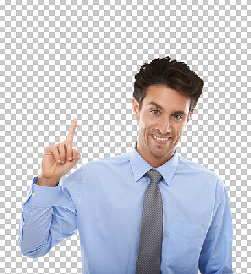 Buy stock photo Portrait, businessman and smile for pointing at offer, opportunity or announcement. Brazilian person, corporate or insurance manager with gesture for deal on isolated or transparent png background