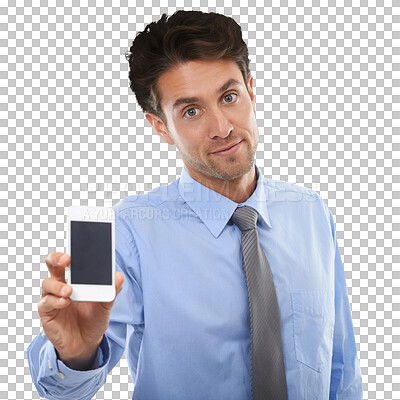 Buy stock photo Business man, portrait and phone screen for advertising space, presentation and download app isolated on transparent png background. Employee, mobile media and mockup of launch, information and deal 