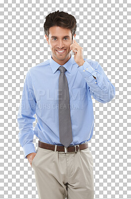 Buy stock photo Happy businessman, portrait and phone call for communication isolated on a transparent PNG background. Man or employee smile and talking on mobile smartphone for business conversation or networking