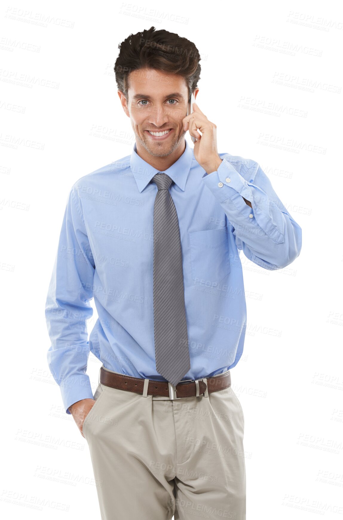 Buy stock photo Happy businessman, portrait and phone call for communication isolated on a transparent PNG background. Man or employee smile and talking on mobile smartphone for business conversation or networking