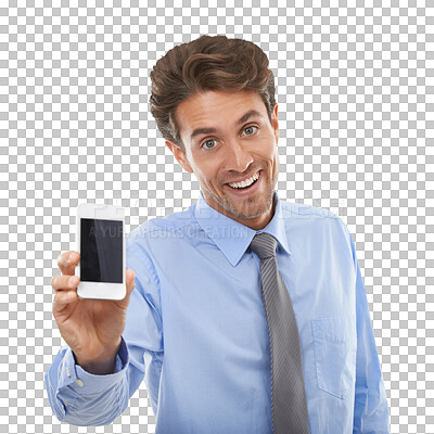 Buy stock photo Business man, phone screen and mockup for job advertising, stock market news and presentation. Portrait of happy employee with mobile app and space for trading isolated on transparent PNG background