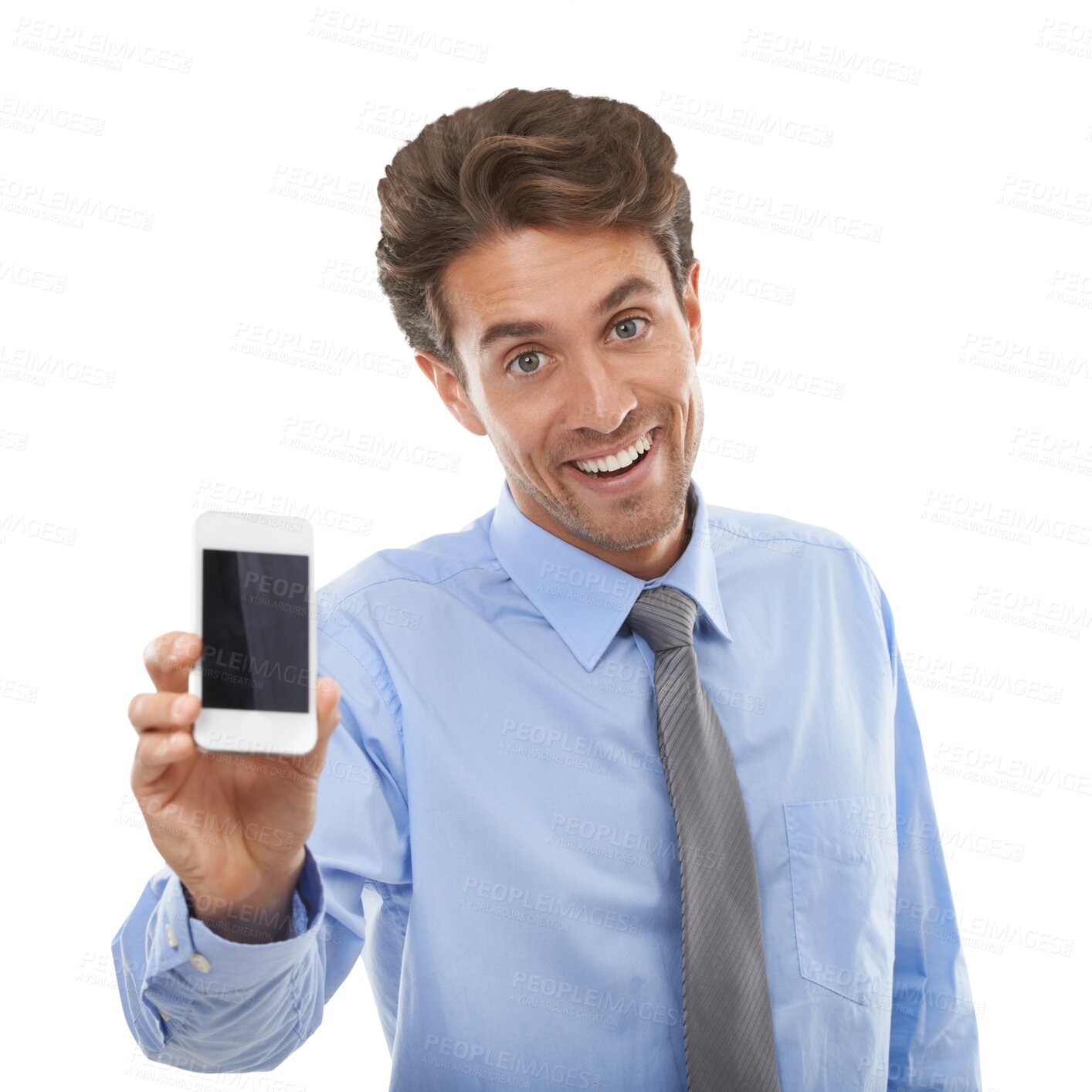 Buy stock photo Business man, phone screen and mockup for job advertising, stock market news and presentation. Portrait of happy employee with mobile app and space for trading isolated on transparent PNG background