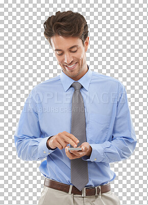 Buy stock photo Happy businessman, phone and social media for communication isolated on a transparent PNG background. Man or employee smile on mobile smartphone in business, networking or online chatting and texting