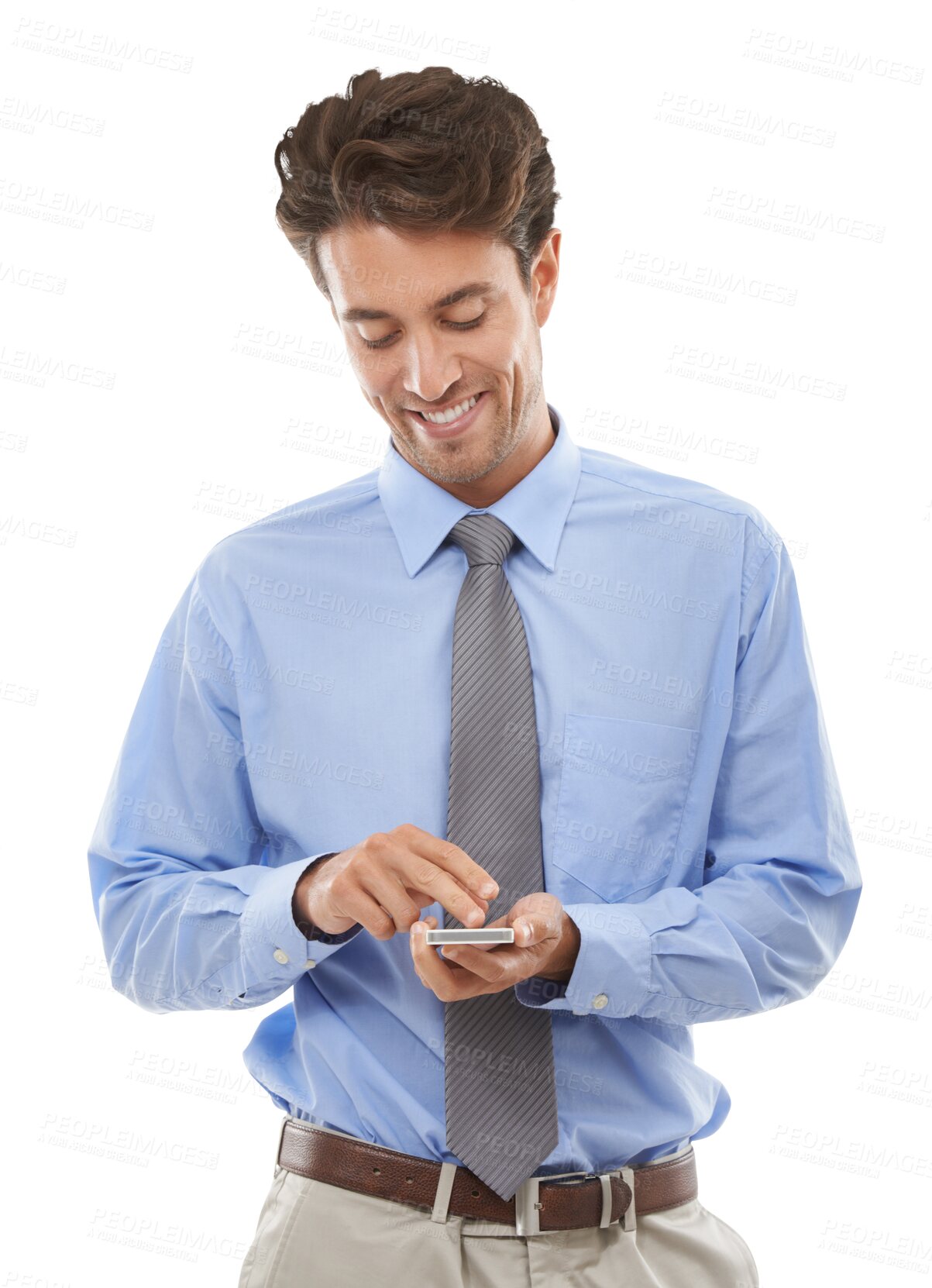 Buy stock photo Happy businessman, phone and social media for communication isolated on a transparent PNG background. Man or employee smile on mobile smartphone in business, networking or online chatting and texting