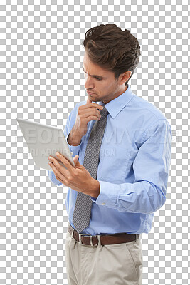 Buy stock photo Thinking, businessman with tablet and report isolated on transparent png background. Digital app for market research with salesman, office worker or man with professional career, review or online job