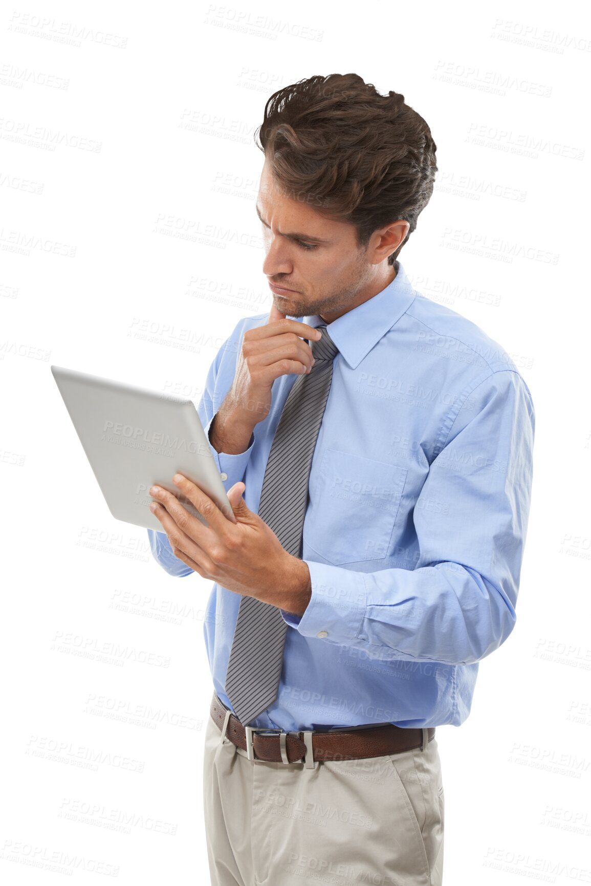 Buy stock photo Thinking, businessman with tablet and report isolated on transparent png background. Digital app for market research with salesman, office worker or man with professional career, review or online job