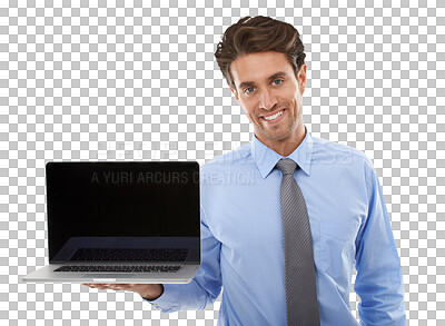 Buy stock photo Business man, laptop screen and mockup for job advertising, website stock market and presentation. Portrait of professional trader on computer space for trading isolated on transparent PNG background