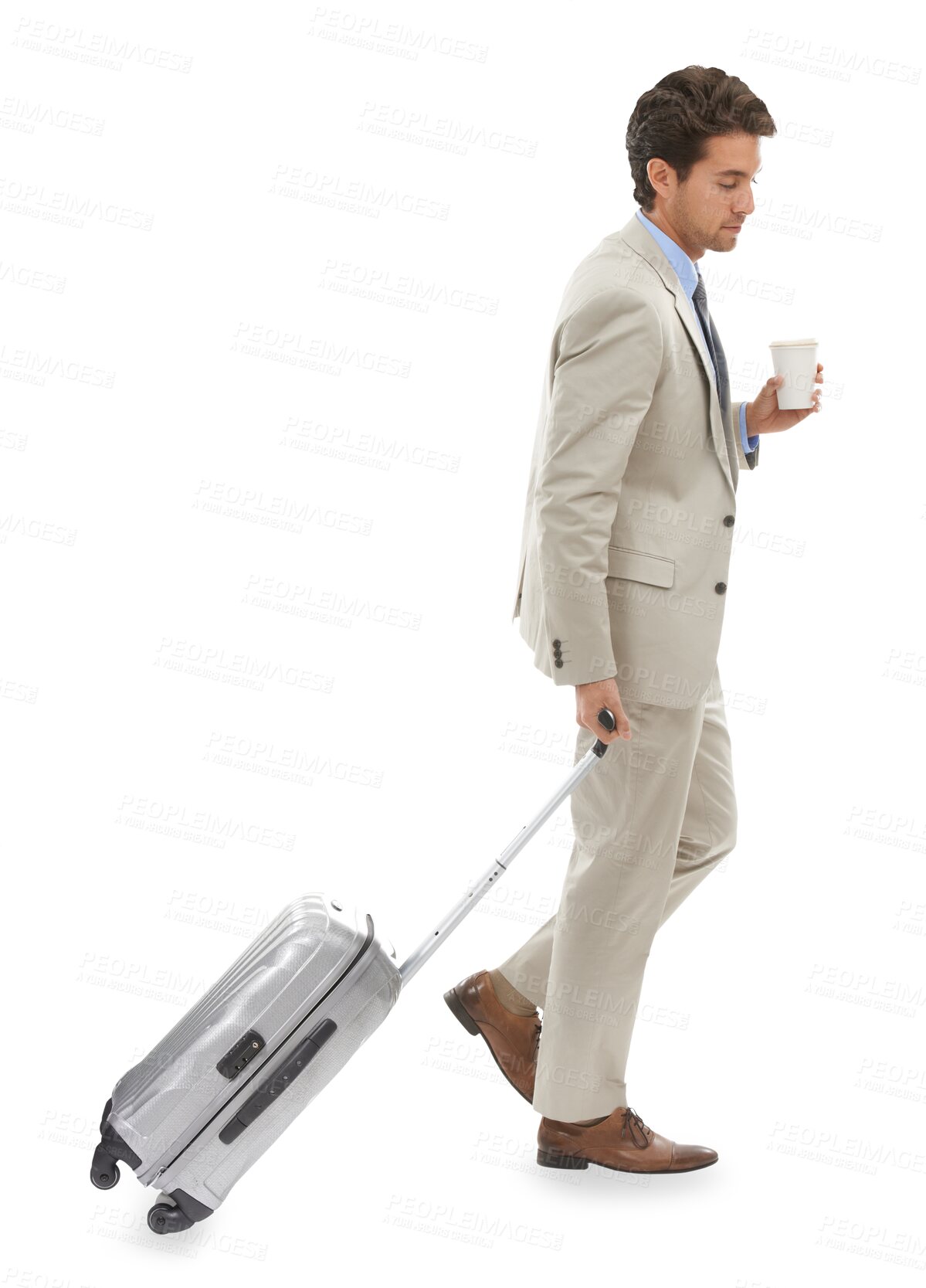 Buy stock photo Travel, businessman with suitcase and coffee isolated on transparent png background, walking or thinking. Business salesman, office worker or man with professional career, luggage and morning commute