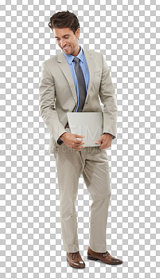 Buy stock photo Smile, businessman with laptop and standing isolated on transparent png background in business suit. Thinking salesman, office worker or happy man with professional career, computer and online job.