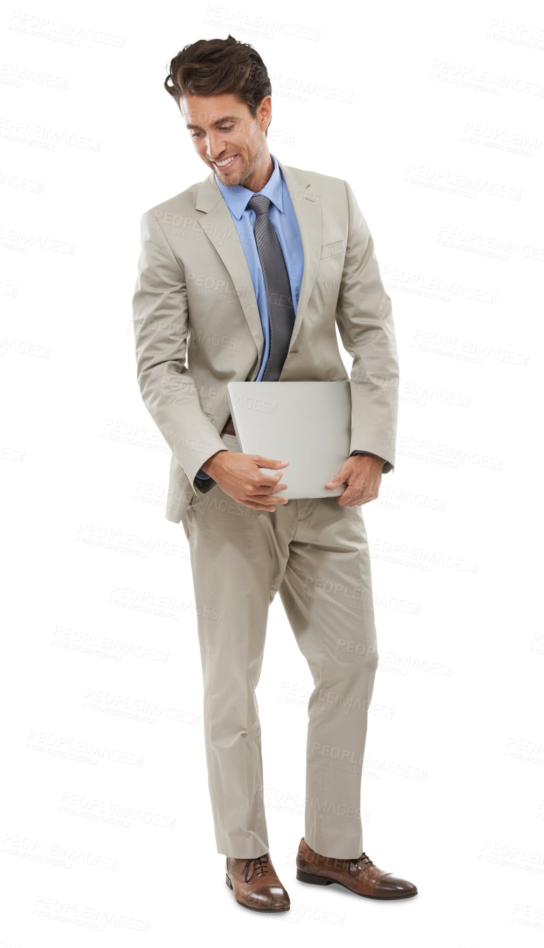 Buy stock photo Smile, businessman with laptop and standing isolated on transparent png background in business suit. Thinking salesman, office worker or happy man with professional career, computer and online job.