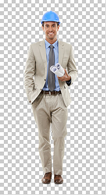 Buy stock photo Professional man, portrait and blueprint for architecture, project management and construction or design planning. Engineering person in suit with floor plan isolated on a transparent PNG background