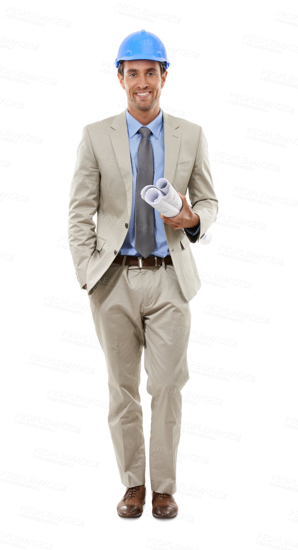 Buy stock photo Professional man, portrait and blueprint for architecture, project management and construction or design planning. Engineering person in suit with floor plan isolated on a transparent PNG background