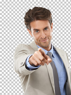 Buy stock photo Business man, choice and pointing you to show winner, opportunity or success isolated on transparent PNG background. Portrait of worker or corporate employee in recruitment, hiring selection or offer