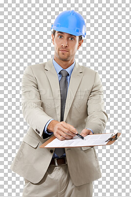 Buy stock photo Isolated architect man, clipboard and portrait with pen for construction agreement by transparent png background. Contractor, helmet and checklist for contract, deal or paperwork for property startup