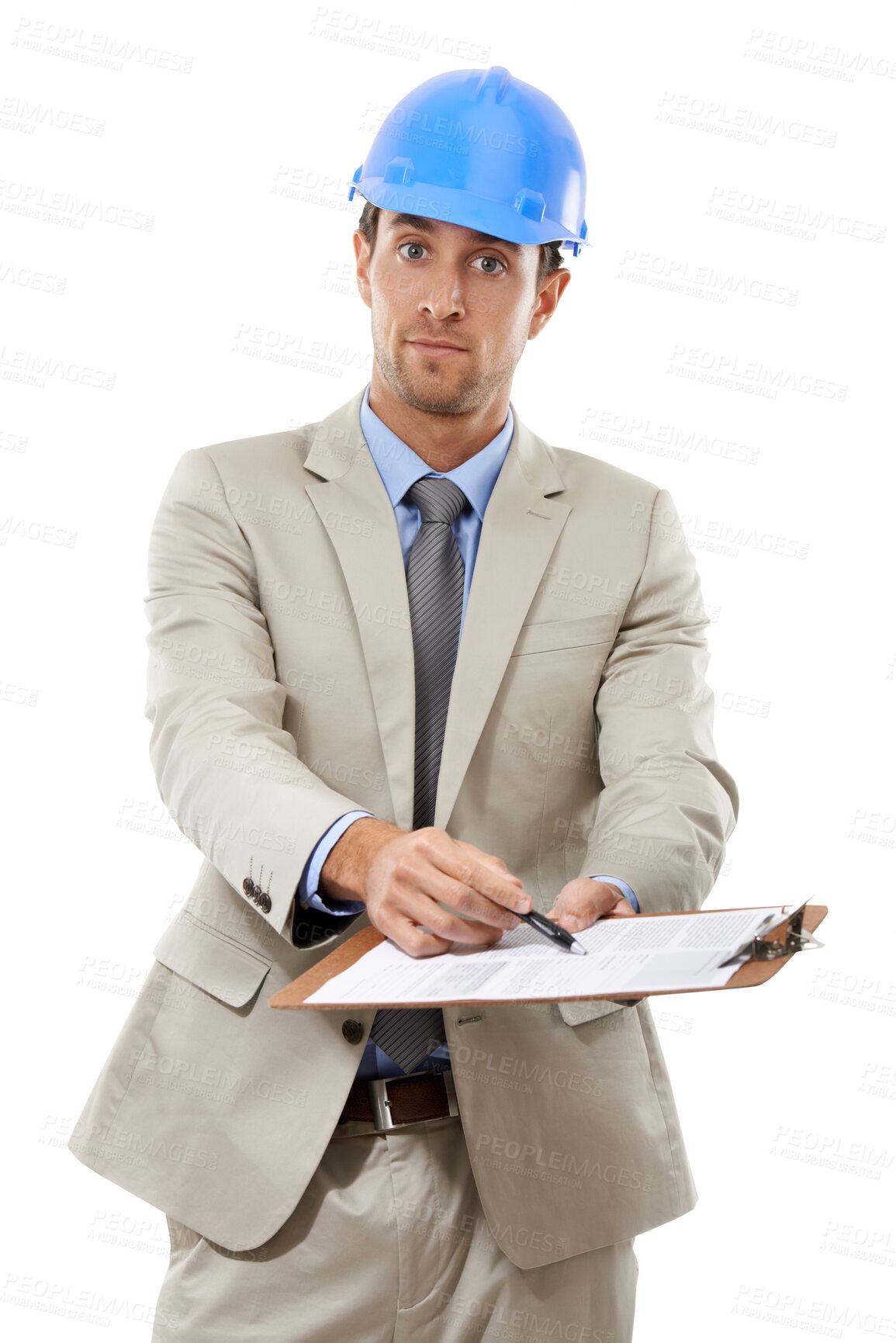 Buy stock photo Isolated architect man, clipboard and portrait with pen for construction agreement by transparent png background. Contractor, helmet and checklist for contract, deal or paperwork for property startup