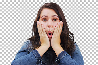 Buy stock photo Woman, portrait and funny face or comedy, silly and isolated on transparent png background. Female person, emoji and comic or humor, joke and weird personality or shock, goofy and surprised or omg