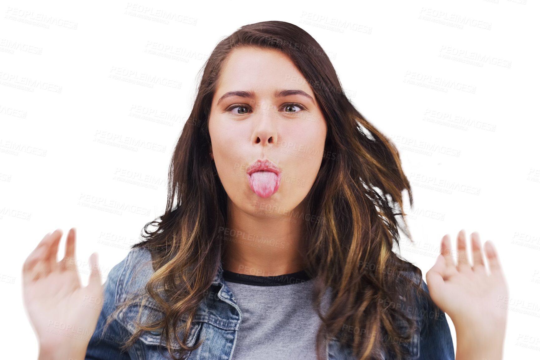 Buy stock photo Portrait, funny face and tongue out with a happy woman isolated on a transparent background for comedy. Comic, silly or goofy and a young  female person on  PNG for carefree facial expression humor