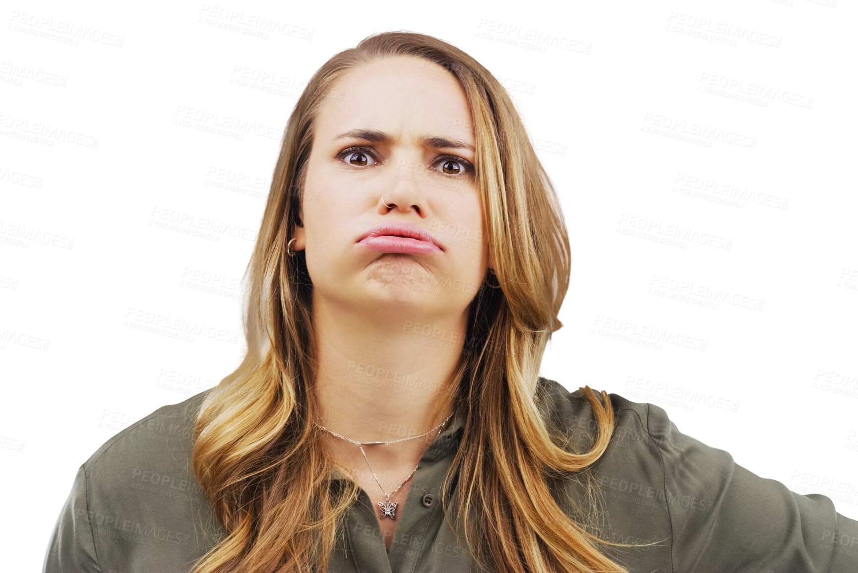 Buy stock photo Surprise, portrait or angry woman frown on isolated, transparent or png background. Face, shock or frustrated model with bad mood, problem or mistake, expression or reaction to insult or conflict