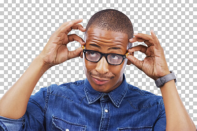 Buy stock photo Face, glasses and optometry with a funny black man isolated on a transparent background for prescription lenses.  Thinking, vision and eyewear with a confident young person on PNG for an eye test