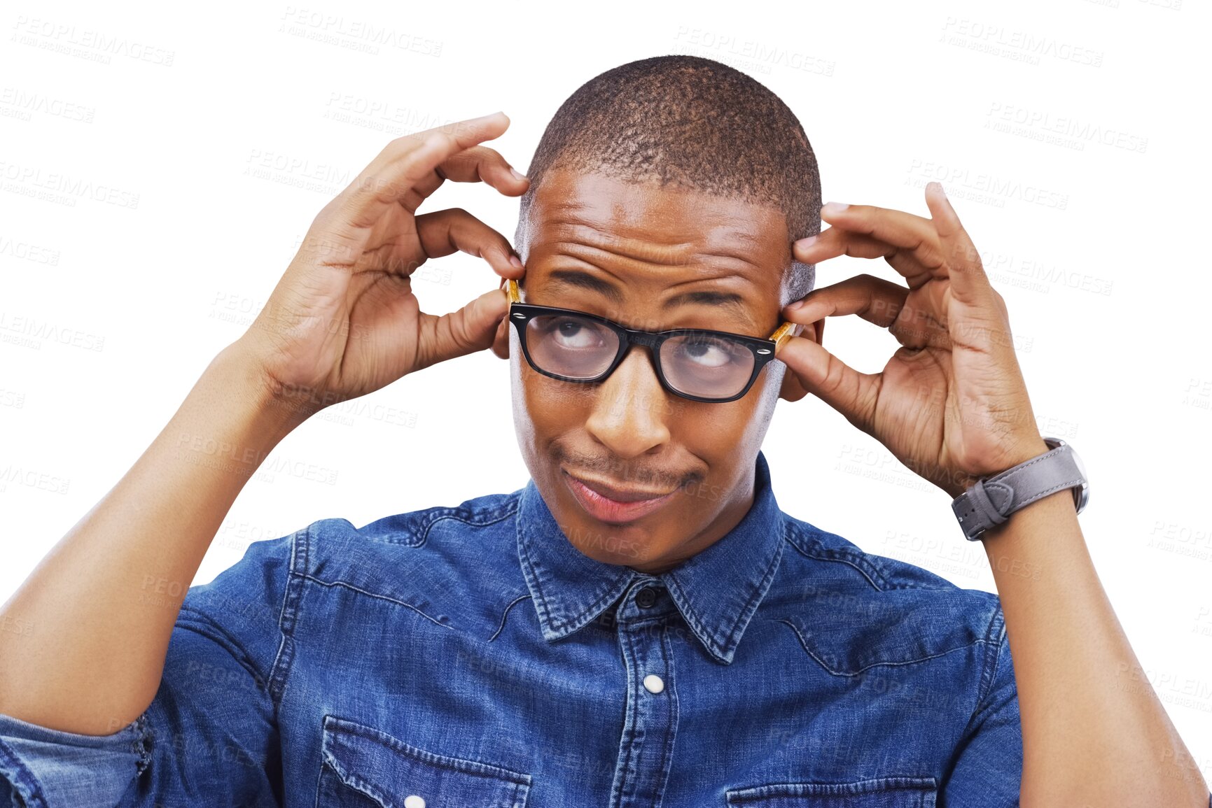 Buy stock photo Face, glasses and optometry with a funny black man isolated on a transparent background for prescription lenses.  Thinking, vision and eyewear with a confident young person on PNG for an eye test