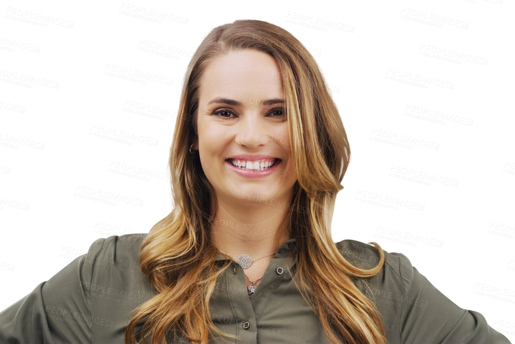 Buy stock photo Isolated woman, smile and confident in portrait for fashion, trendy style and excited by transparent png background. Student girl, model or person with edgy clothes, happy and face for aesthetic