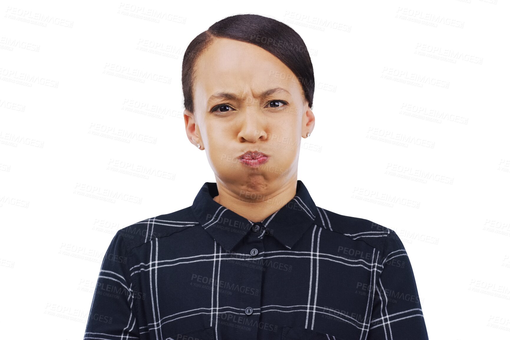 Buy stock photo Portrait, frown and woman with hold breath for stink or bad smell, reaction and trash or garbage. Young, model and  face with negative expression for stench and isolated on transparent png background