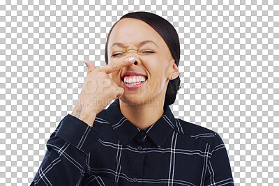 Buy stock photo Woman, nose and funny face or comedy, silly and smile or isolated on transparent png background. Happy female person, crazy and comic or humor, emoji and weird personality or joke, goofy and freedom