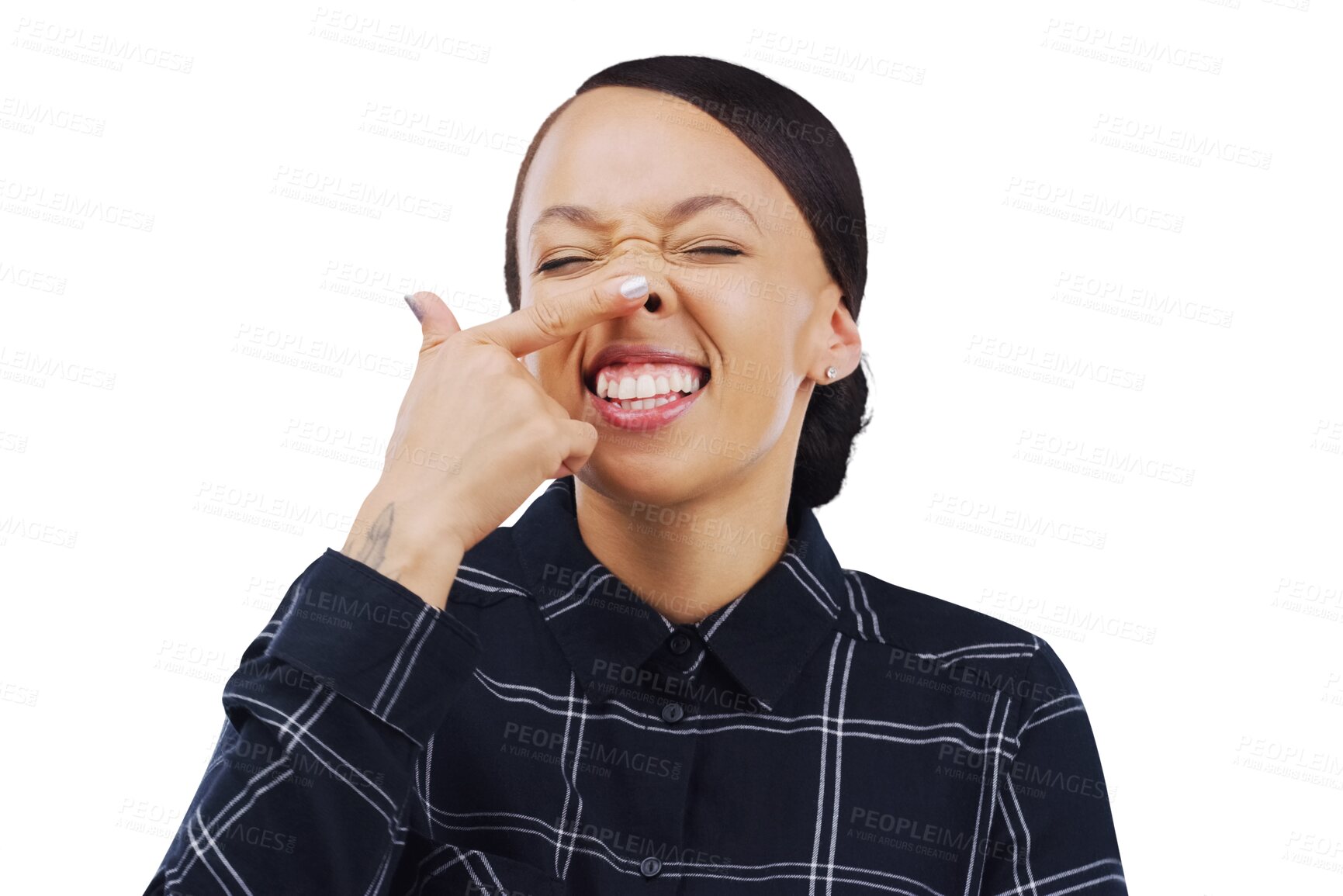 Buy stock photo Woman, nose and funny face or comedy, silly and smile or isolated on transparent png background. Happy female person, crazy and comic or humor, emoji and weird personality or joke, goofy and freedom