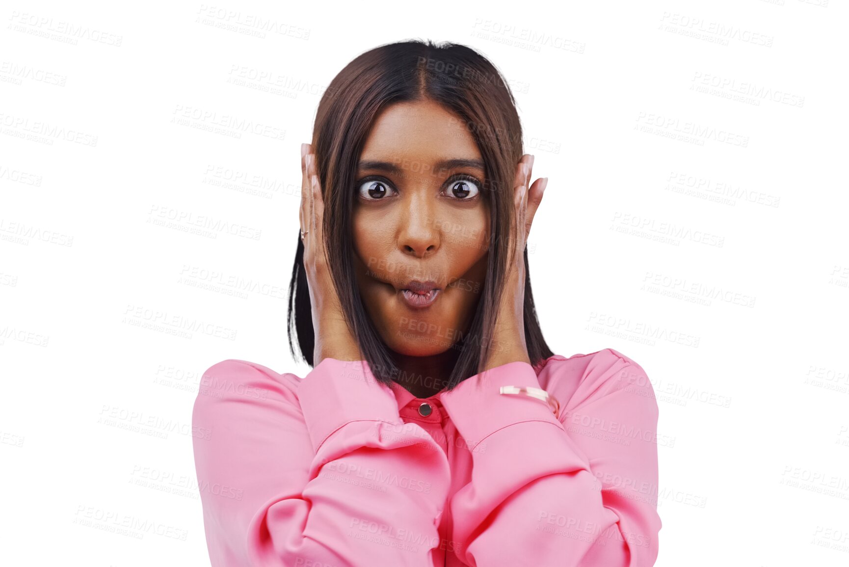Buy stock photo Portrait, goofy face and young woman with comic, funny or silly attitude or facial expression. Comedy, fun and Indian female person with playful face for joke isolated by transparent png background.